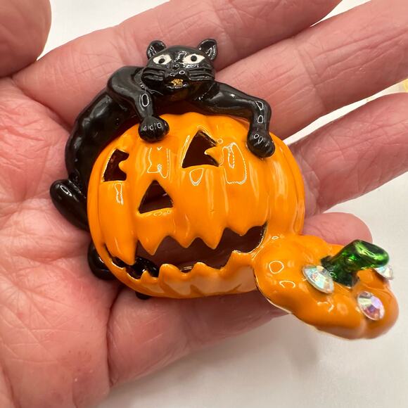 Kirks Folly Halloween Brooches Black Cat with Jack O Lantern & Ghost Festive - Picture 10 of 15